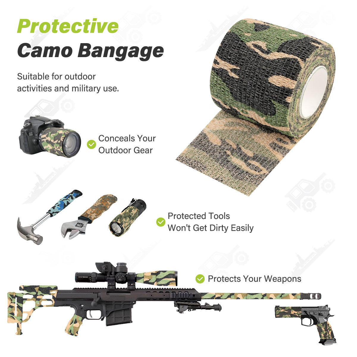 Camouflage tape is applied to rifles, cameras, scopes, tools, and suppressors.