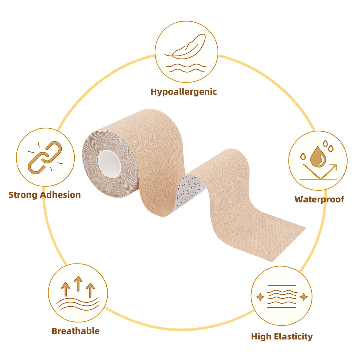 7.5cm Boob Tape for Large Breasts featuring medical-grade hypoallergenic adhesive, breathable cotton-spandex fabric, waterproof and sweatproof breast lift tape construction