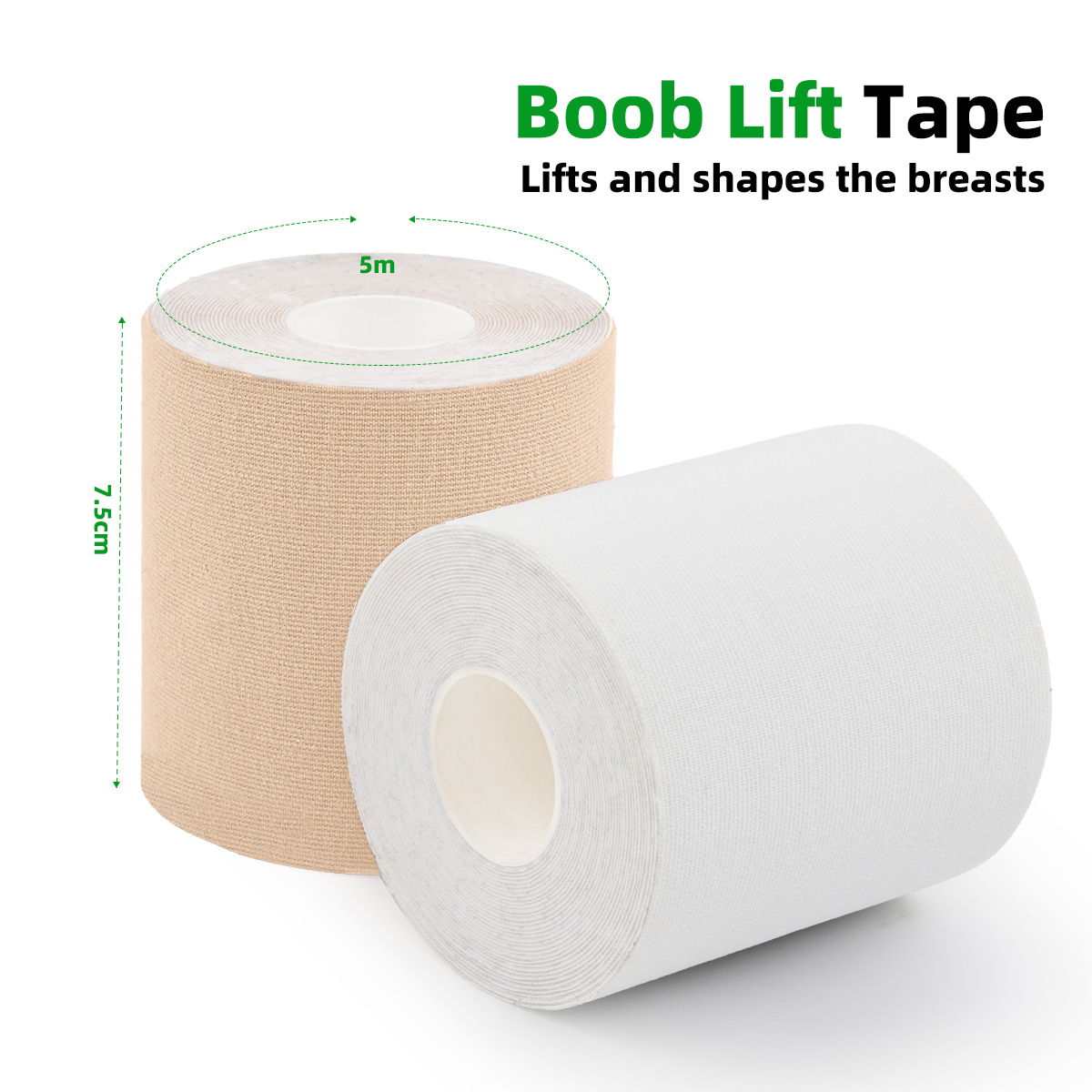 7.5cm wide boob tape for large breasts size chart showing 3in width and 5m length compared with standard breast tape for fuller bust support