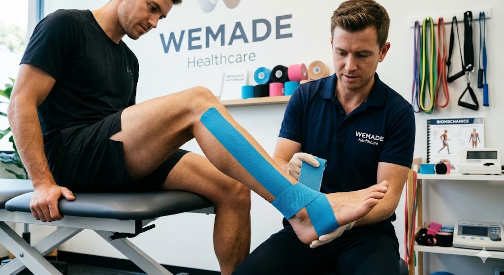 At the WEMADE Healthcare clinic, a physical therapist is applying blue kinesiology tape to the right ankle of a seated athlete; the background wall—featuring the company logo, various rolls of colored tape, and rehabilitation equipment