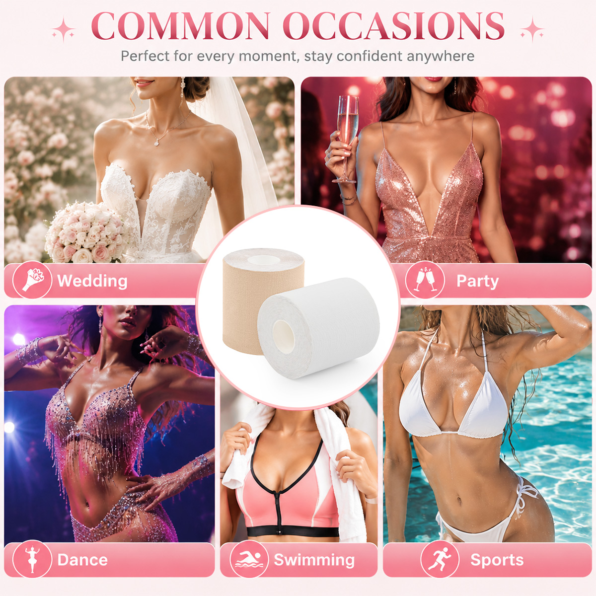 Boob Tape for Large Breasts used with wedding dresses, backless dresses, plunging necklines, and strapless outfits, providing secure lift and invisible support for fuller busts