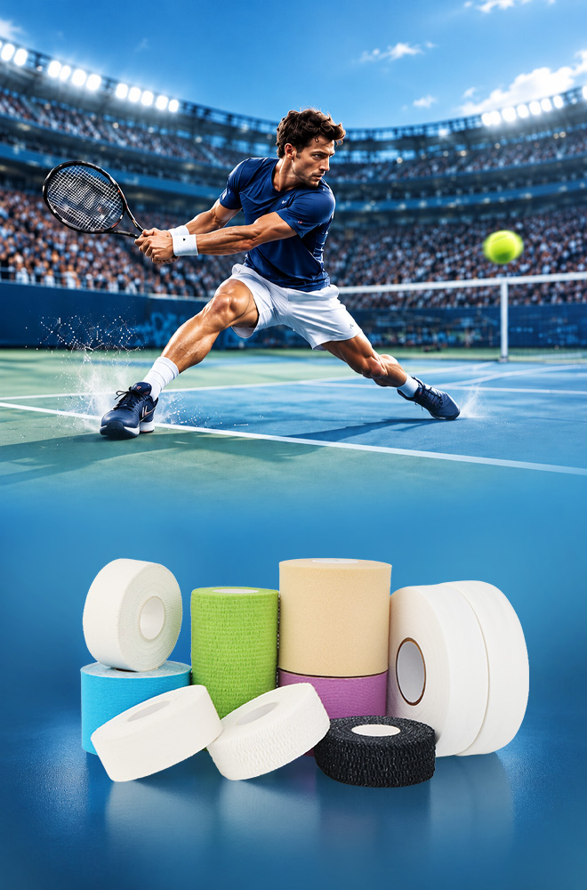Complete tennis tape assortment including hockey tape, finger tape, and cohesive bandage