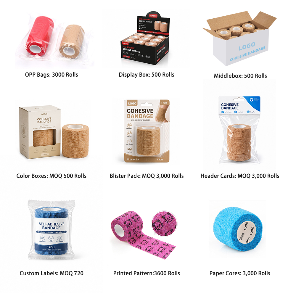 Customized self-adhesive bandages are available in various packaging formats: OPP bags, heat shrink film, color boxes, header cards, etc