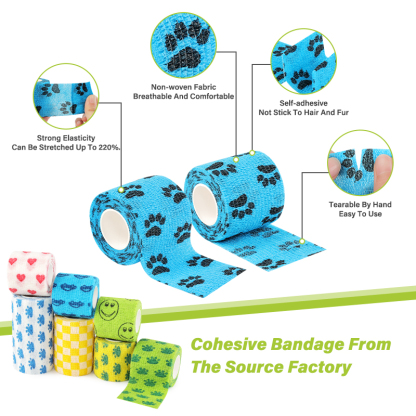 Feature image of printed cohesive bandage highlighting self-adhesive, no clips needed, breathable and latex-free icons