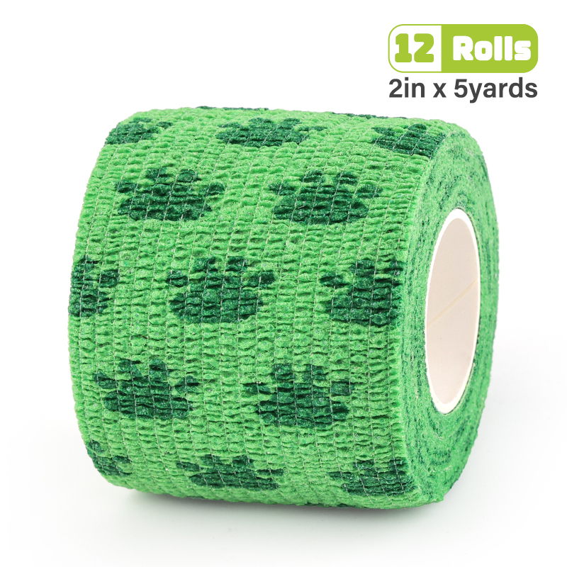 Grass green cohesive bandage printed with dark green paw prints.