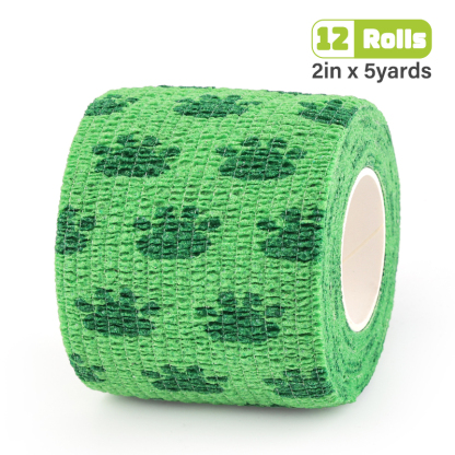 Grass green cohesive bandage printed with dark green paw prints.