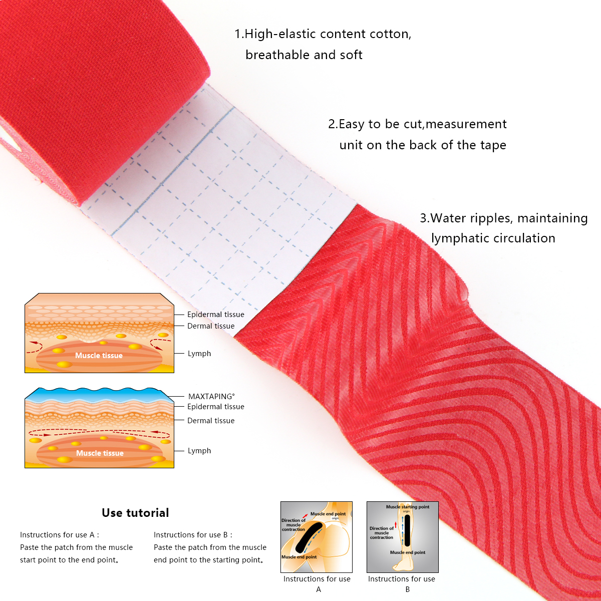 Close-up of breathable cotton texture and elasticity of Veefun red kt tape 