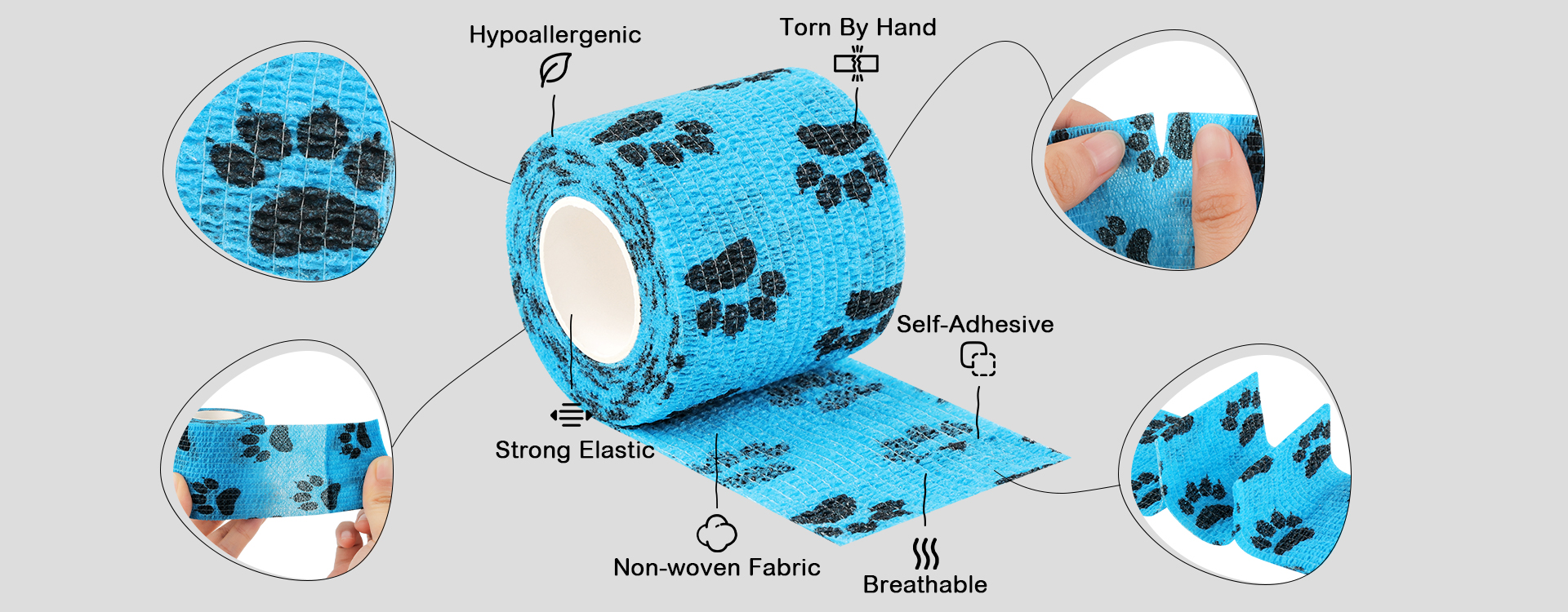 {"default":"Illustration of the features of printed cohesive bandages self-adhesive, breathable, comfortable, and skin-friendly, with no need for clips or pins"}
