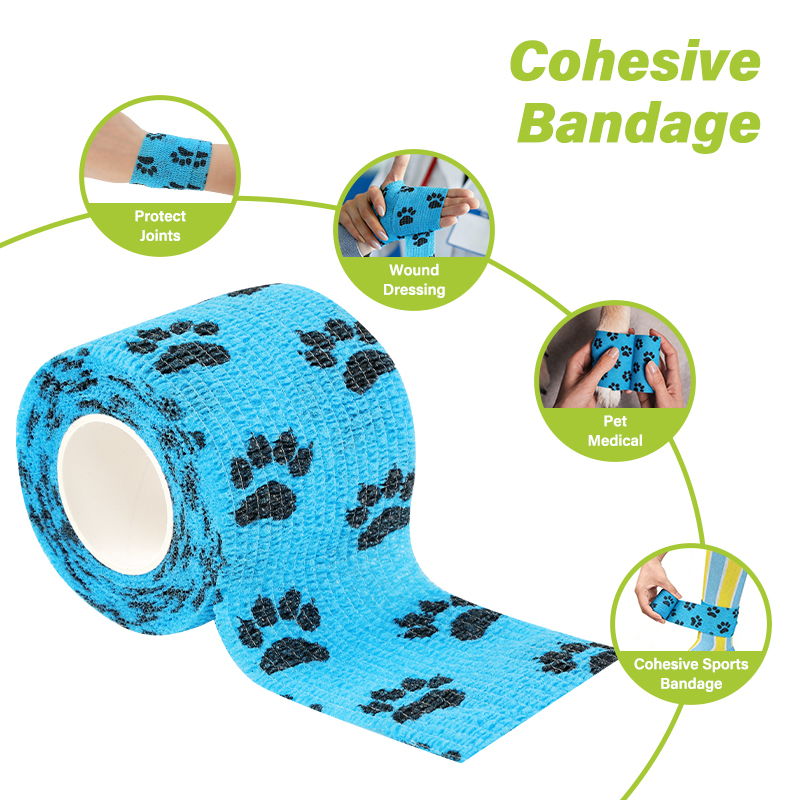 Image showing the various applications of printed cohesive bandages, such as securing gauze pads, wrapping injuries, or providing compression and support for muscles