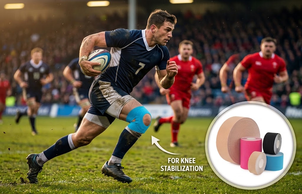 Kinesiology tape can provide flexible support for the knees of rugby athletes