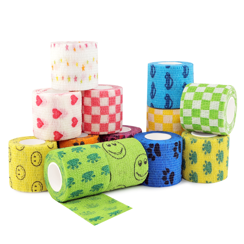 Main image of printed cohesive bandage rolls in various colorful designs, suitable for sports, medical, and general use. Soft, stretchy, and easy to apply