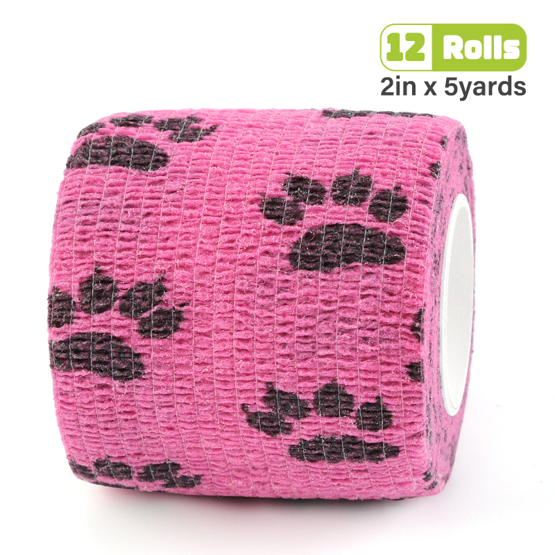 Pink bandage printed with black dog paw prints.