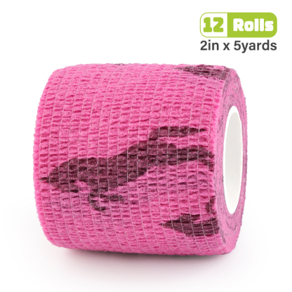 Pink self-adhesive bandage printed with burgundy horse pattern