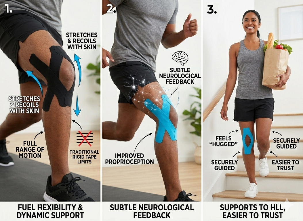 {"default":"Scientific benefits of kinesiology tape for knee support, showing skin lifting mechanism and improved body awareness"}
