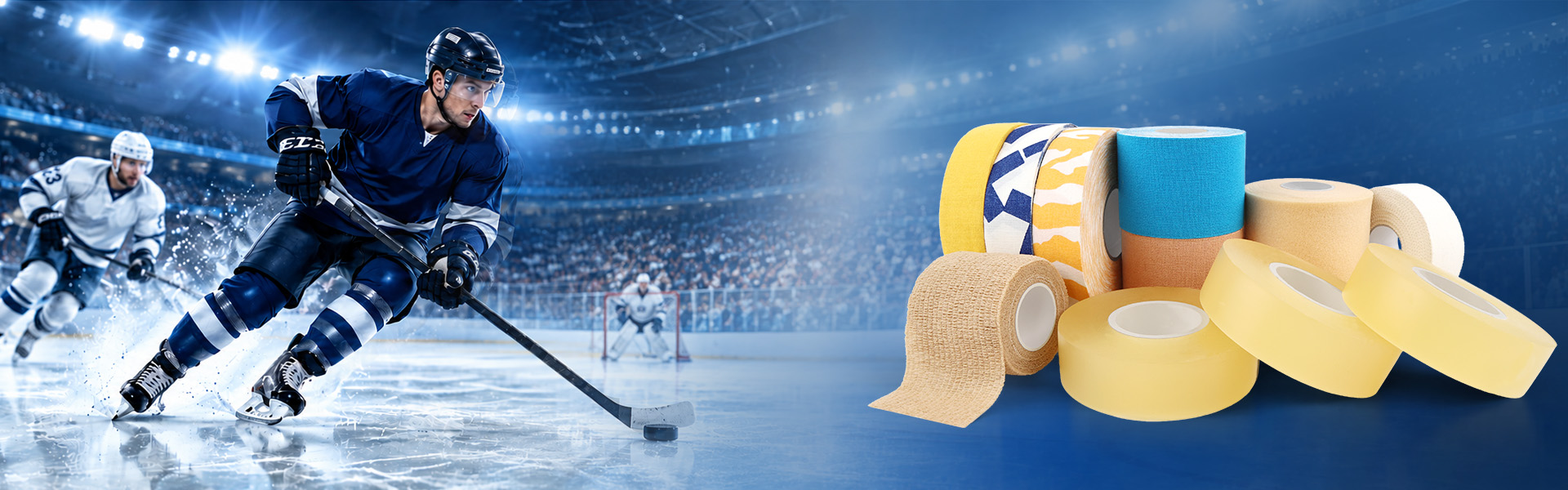 Veefun hockey tape collection featuring stick blade tape, grip tape, and shin guard tape on an ice rink