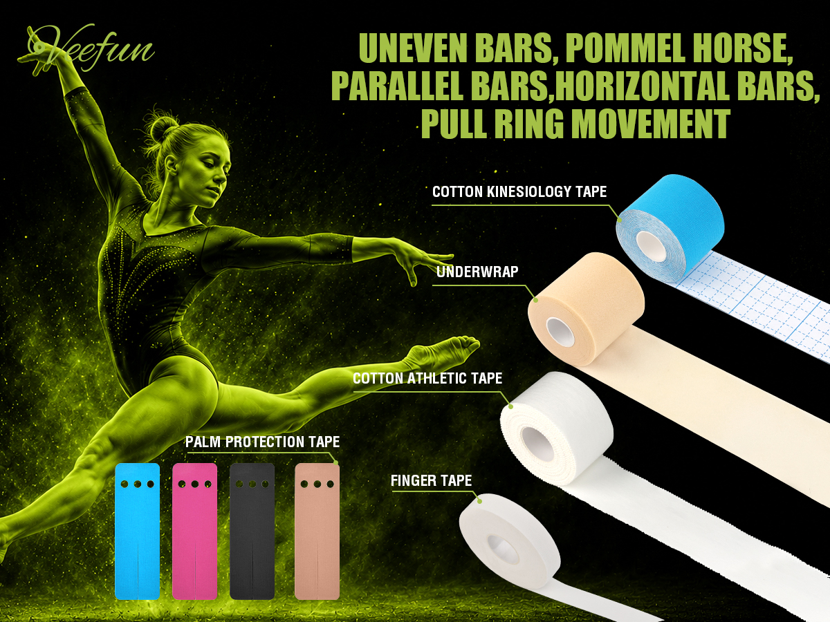 Gymnast with palm protection grips and wrist strapping tape