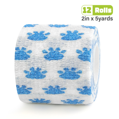 White bandage printed with blue cat paw prints.