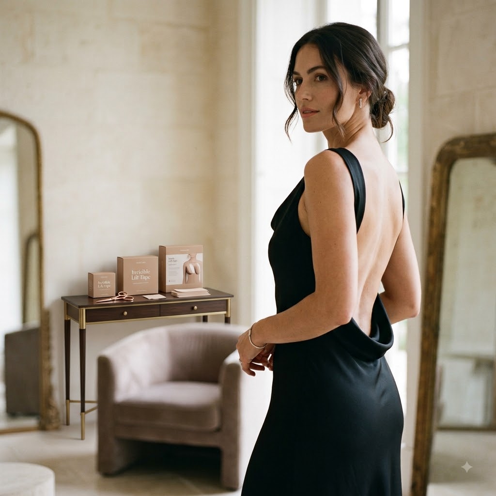 Woman wearing a backless evening dress with invisible boob tape support
