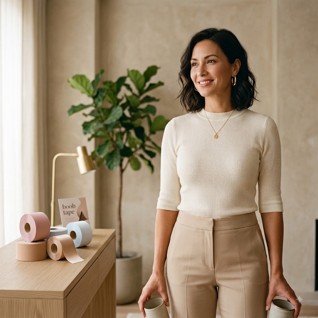 Woman wearing stylish everyday clothing with discreet breast lift tape support