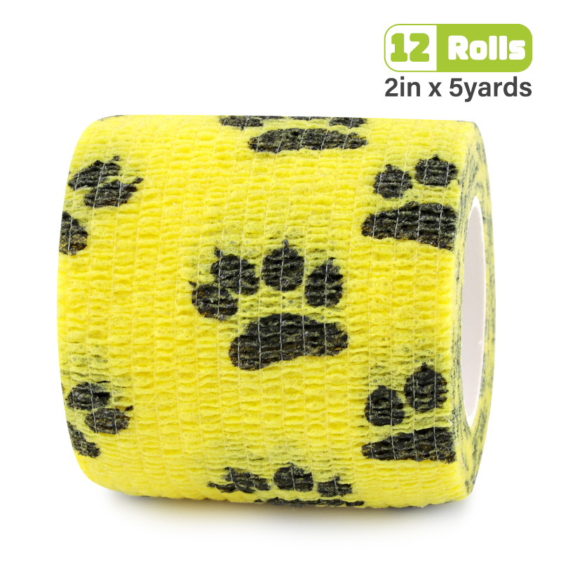 Yellow cohesive bandage with black cat paw print, suitable for sports, medical use, and pets.