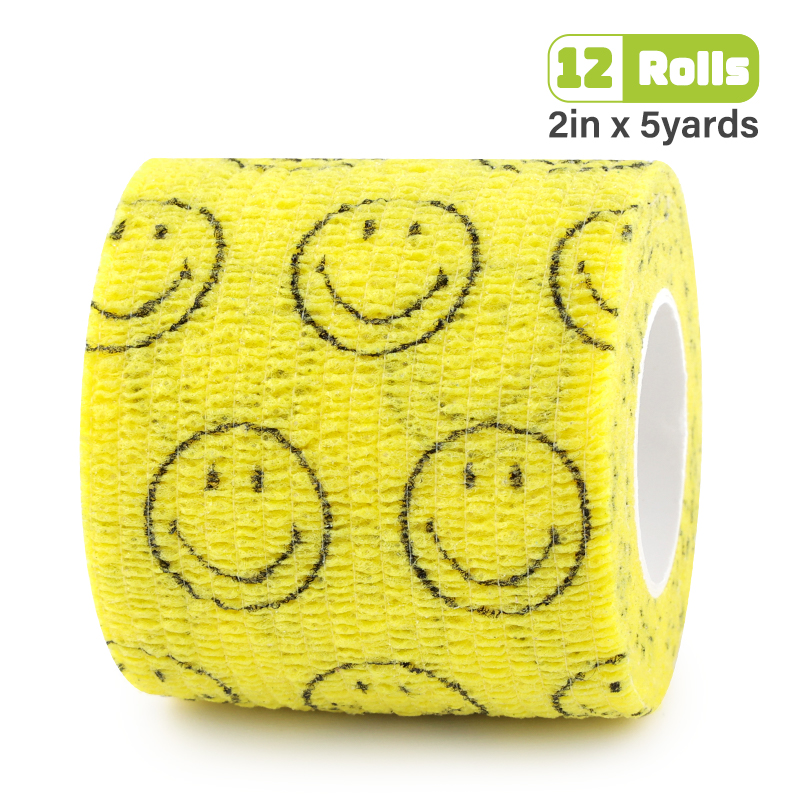 Yellow self-adhesive tape printed with black smiley faces, for medical and pet use.