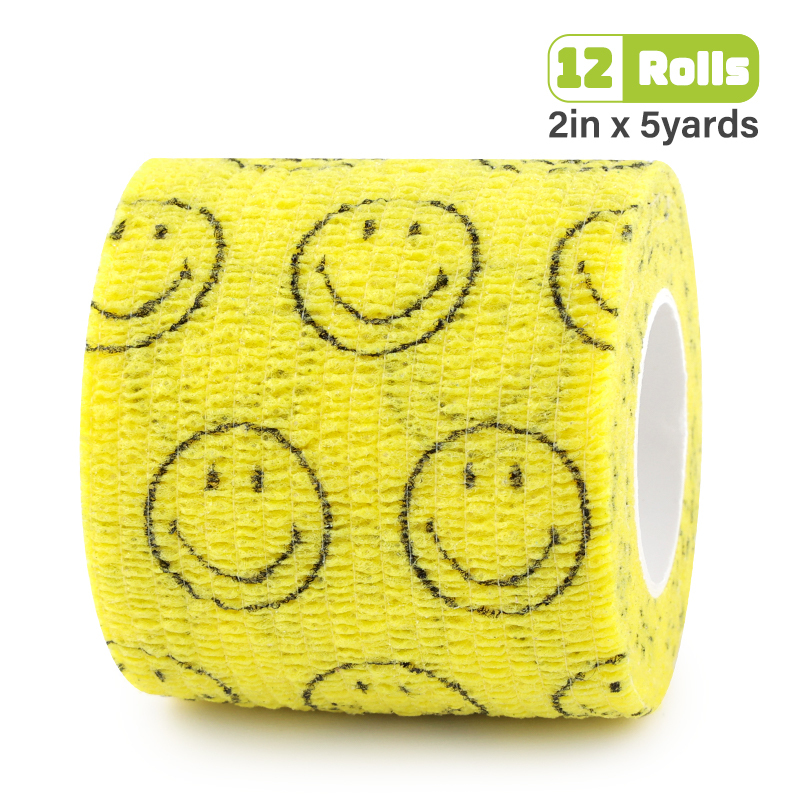 Yellow self-adhesive tape printed with black smiley faces, for medical and pet use.