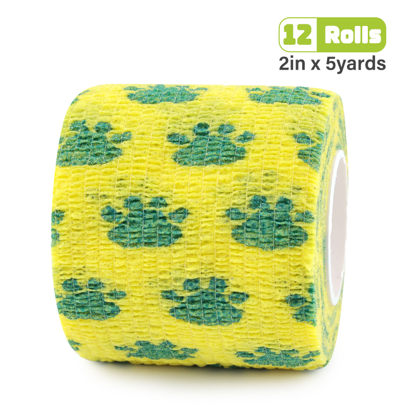 Yellow self-adhesive tape printed with dark green cat paw prints, suitable for dogs, humans, and medical use.