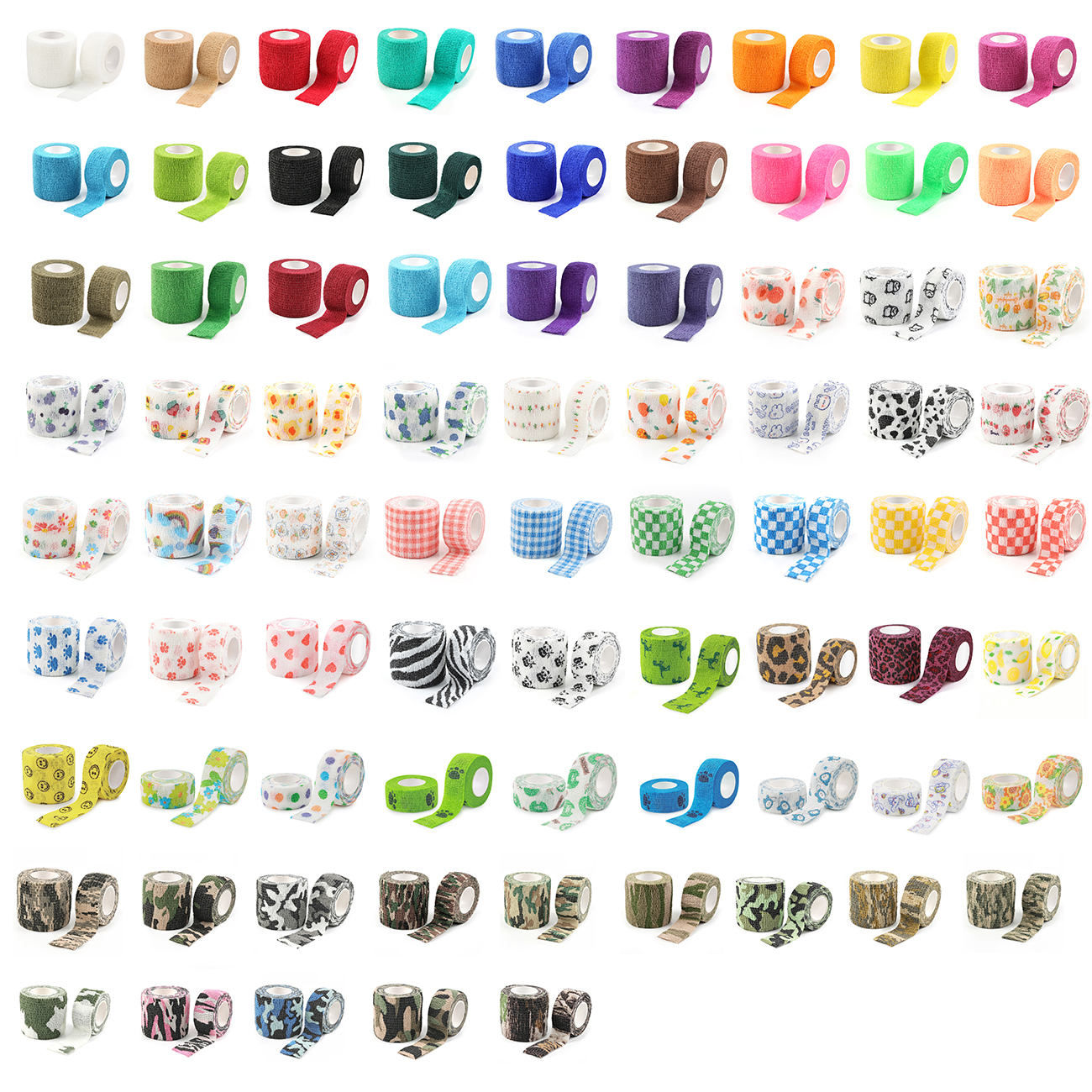 The vet wrap is available in a variety of colors and patterns. This color card includes 77 colors and patterns such as pink, skin tone, blue, black, white, red, yellow, and orange