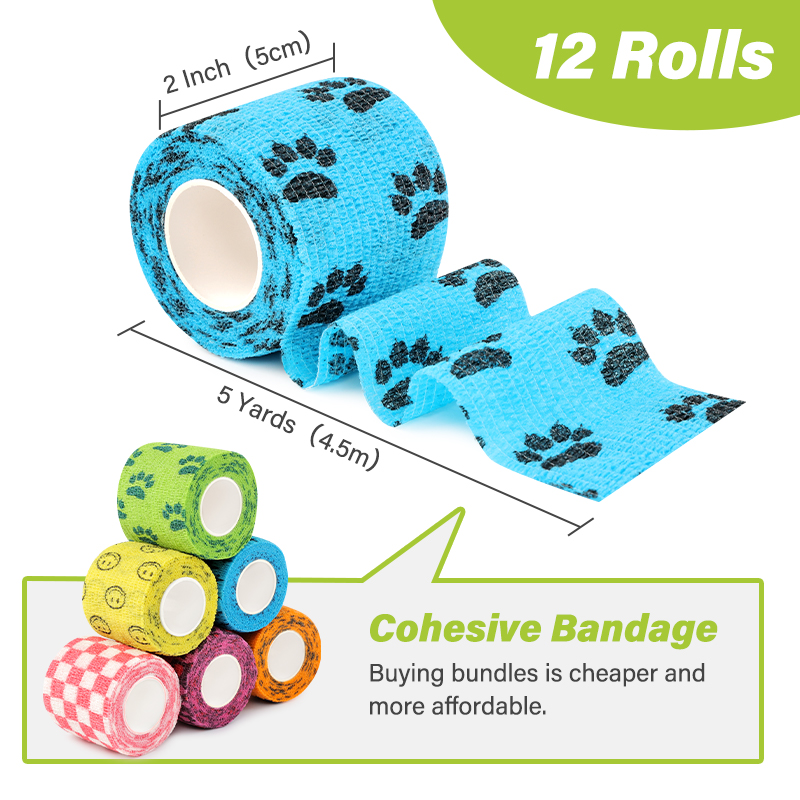 cohesive bandage dimension diagram showing a width of 2 inches (5cm) and a stretched length of 5 yards (4.5m)