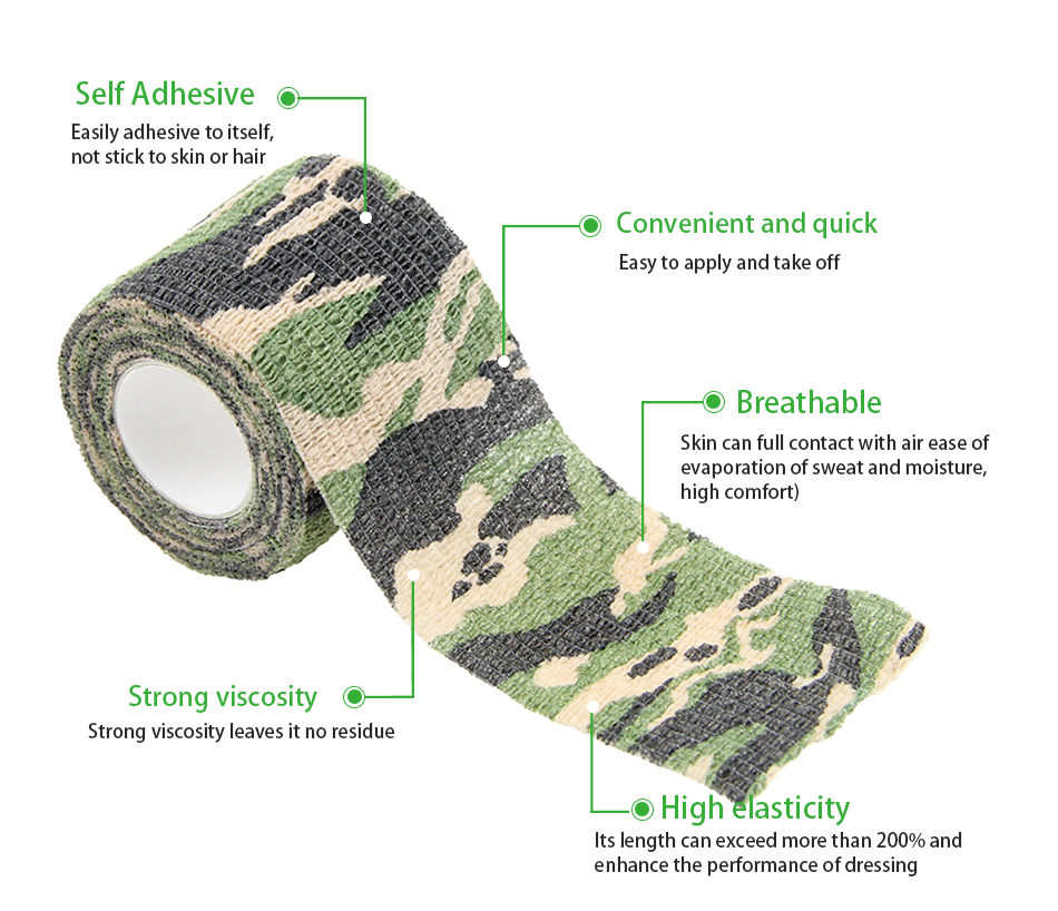 The Camouflage Bandage features breathability, self-adhesiveness, no residue, and high elasticity.