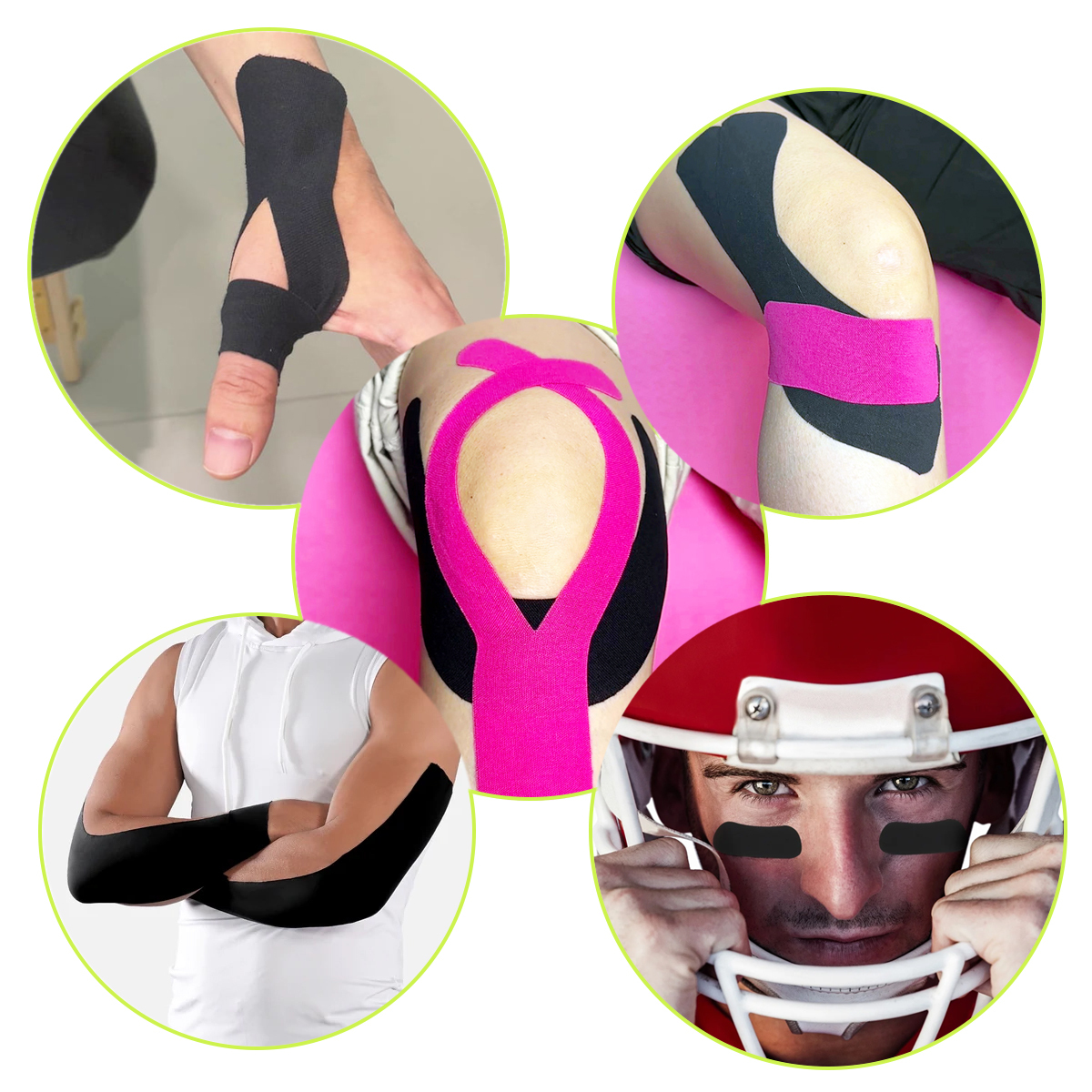 black kinesiology tape on knee for muscle support