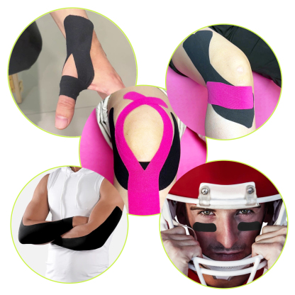 black kinesiology tape on knee for muscle support