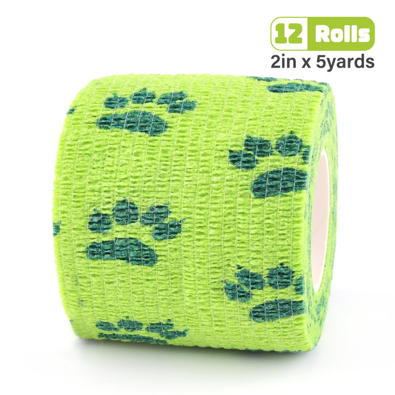 yellow green cohesive bandage with dark green cat paw print.